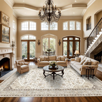 HILORUUG Living Room Area Rugs 10x14: Extra Large Area Rug Super Soft Distressed Oriental Rugs with Non-Slip Backing - Thin Stain Resistant Indoor Rug - 10x14 Ivory