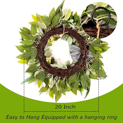Lambs Ear Wreaths for Front Door All Season Home Decor Pocrh Wall, 20" Green Handmade Farmhouse Spring Summer Wreath with Lavender Bow