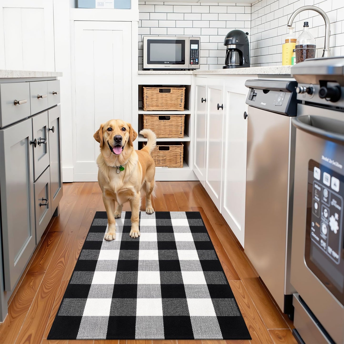 OLANLY Buffalo Plaid Rug 2'4" x 3'7" (27.5" x 43") – Black and White Cotton Checkered Doormat, Washable Indoor Outdoor Rug for Layered Front Porch, Kitchen, Entryway Decor