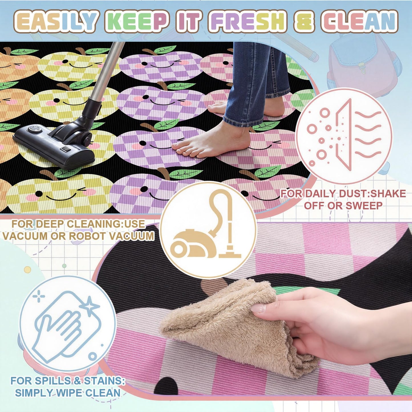 BreezeHug 5 x 7.55ft Smile Apple Classroom Rug Pastel Checkered Apple Area Rug Non Slip Kids Floor Carpet Large Play Mat for Elementary Kindergarten Preschool Daycare Nursery Reading Corner