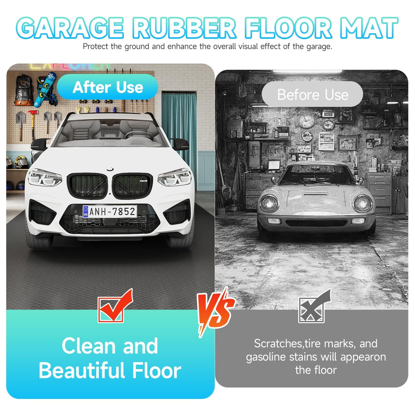 Best brose 7.5 x 28 FT Garage Floor Mat, Thickened Diamond Plate PVC Garage Mats Flooring Roll for Under Car, Garage Car Parking Mats for Compact SUVS, Sports Car，Silver