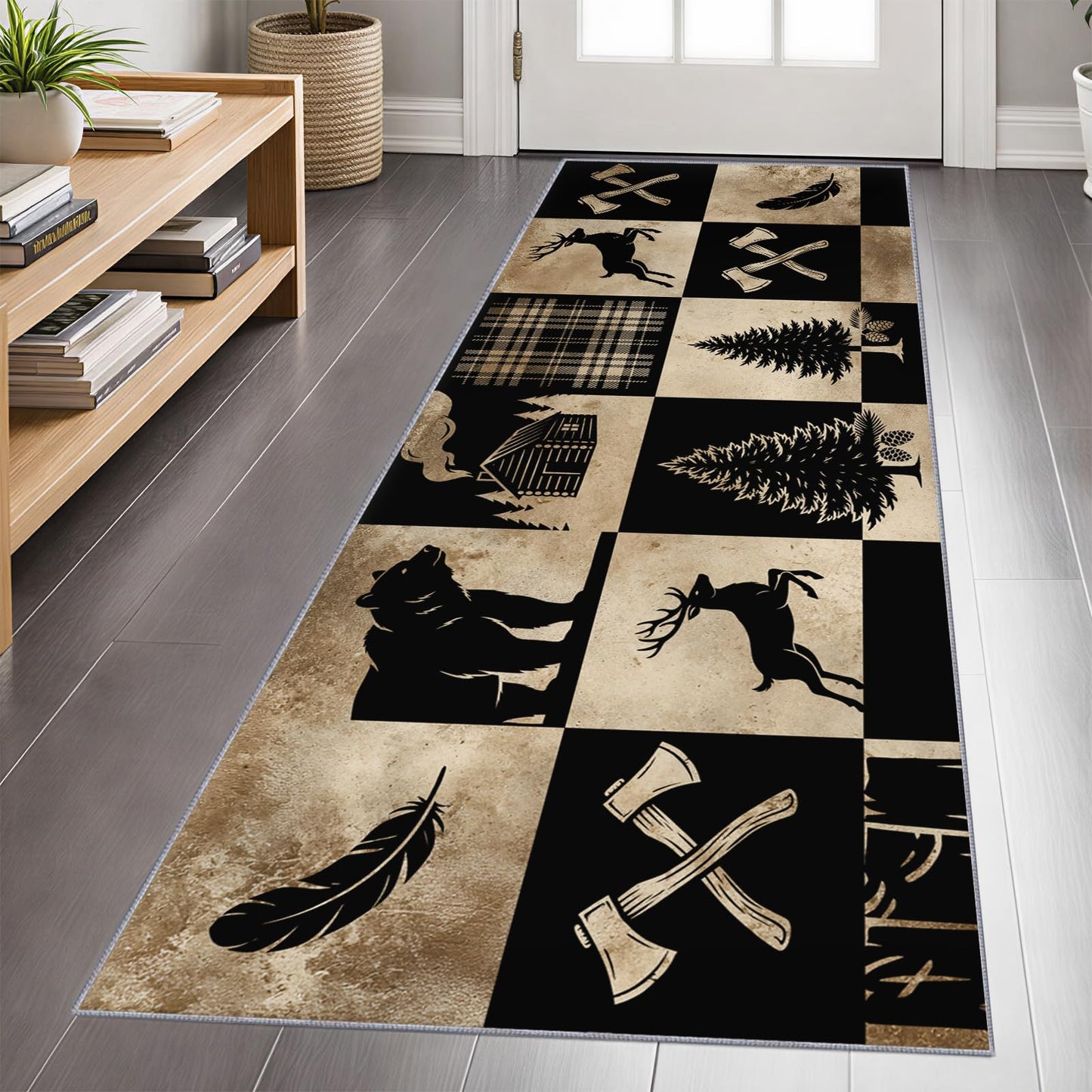 CAQDUEP Rustic Wildlife Runner Rug 2x6 Vintage Lodge Style Runner, Western Country Bear Deer Rugs, Rustic Cabin Rug Non Slip Backing Washable Rugs for Hallways