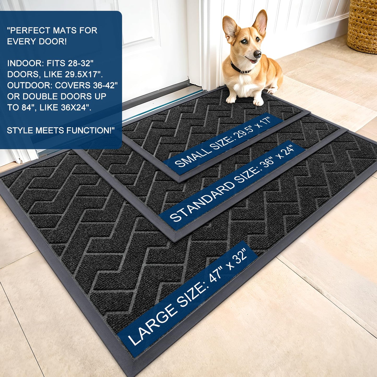 OLANLY Front Door Mat Indoor Outdoor Entrance, Welcome Door Mat and Waterproof All-Weather All-Season Doormat Size 47x32 in Black, 2 Item Bundle