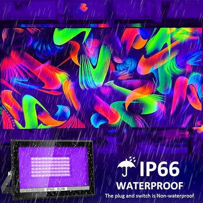 60W Black Lights, 2 Pack LED Blacklight Flood Light with Plug, IP66 Waterproof Black Lights for Glow Party, Stage Lighting, Body Paint, Fluorescent Poster, Neon Glow