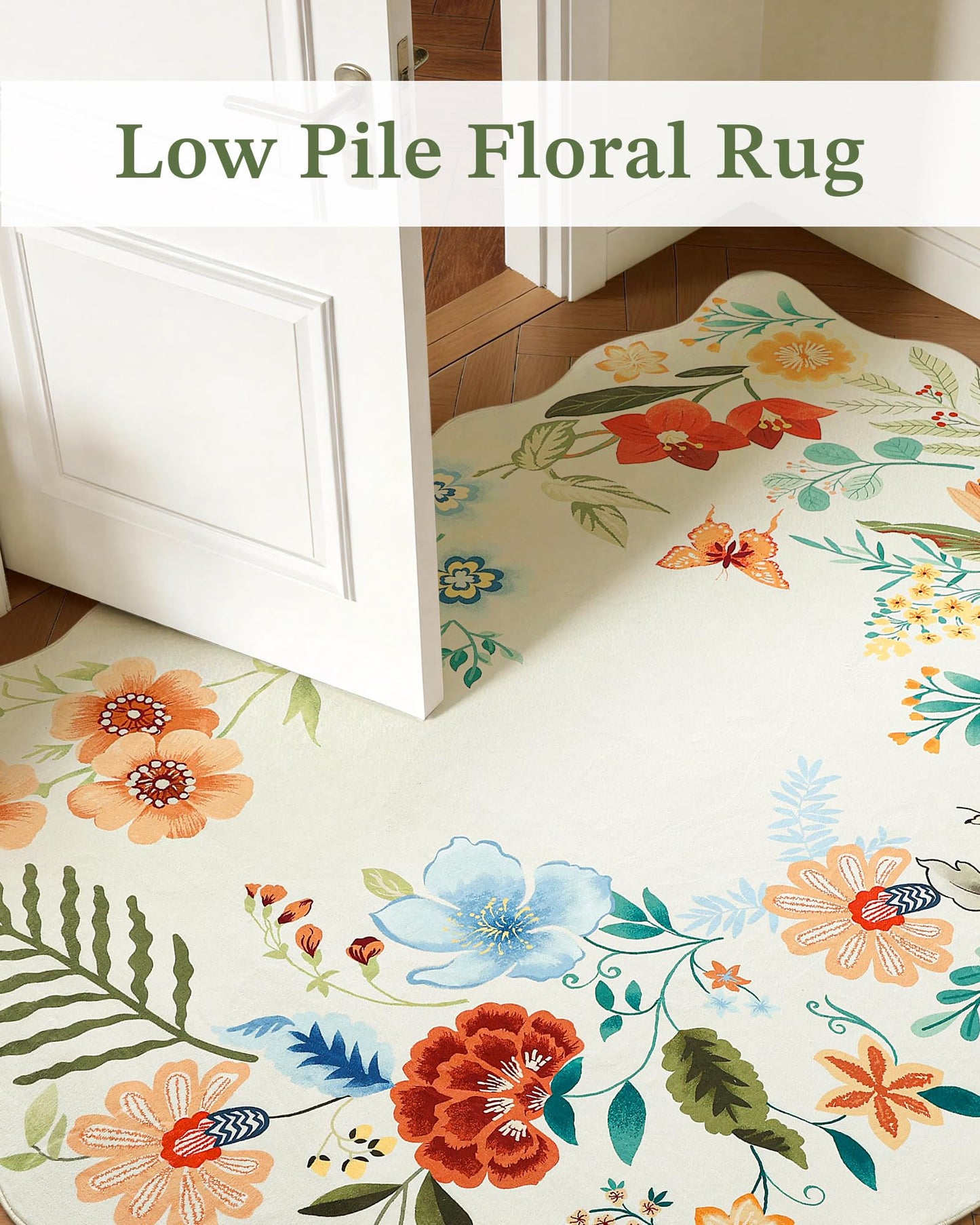 Carvapet 2x8 Runner Rug - Scalloped Edges Floral Botanical Carpet, Creamy Beige Washable Unique Wave Edge Runner, Low Pile Non-Slip Floor Mat for Hallway Kitchen Laundry Room