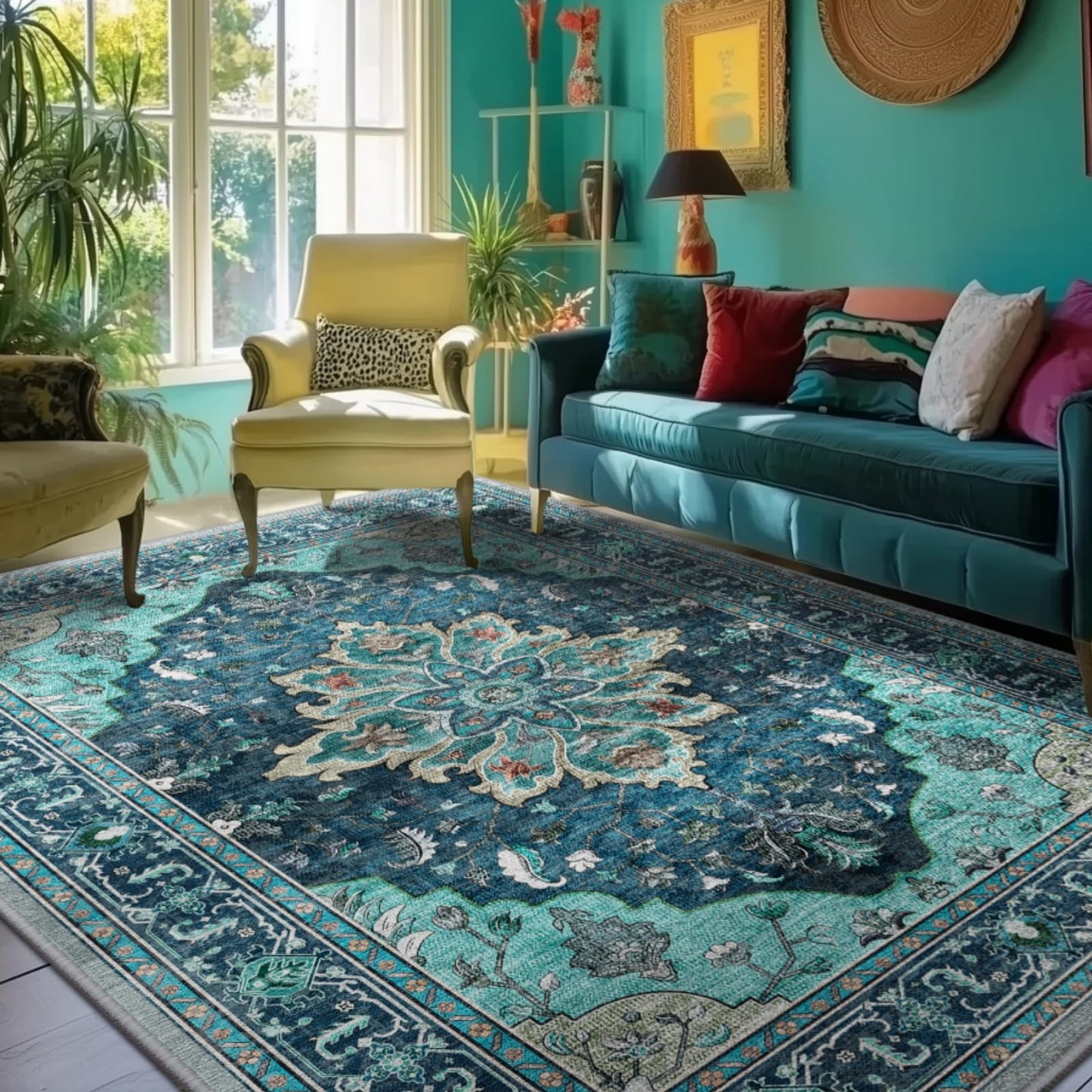 RELEANY Area Rugs 5'x7' Washable Non-Slip, Floral Vintage Distress Medallion Carpet for Living Room Bedroom Dining Room, Teal Green Lake Blue Turquoise