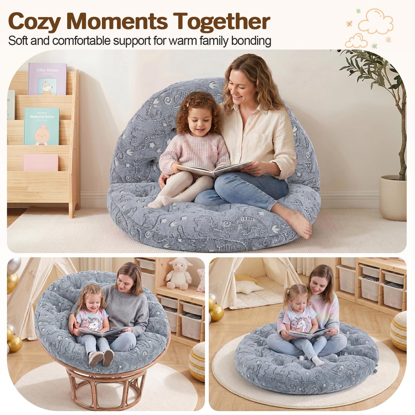 blue page Circle Kids Play Mat 5.9 in Thick, 5-in-1 Comfy Padded Playmat for Ages 3+, Glowing Round Floor Rug for Nursery Playroom Reading Corner, 47x47 in Grey Dinosaur
