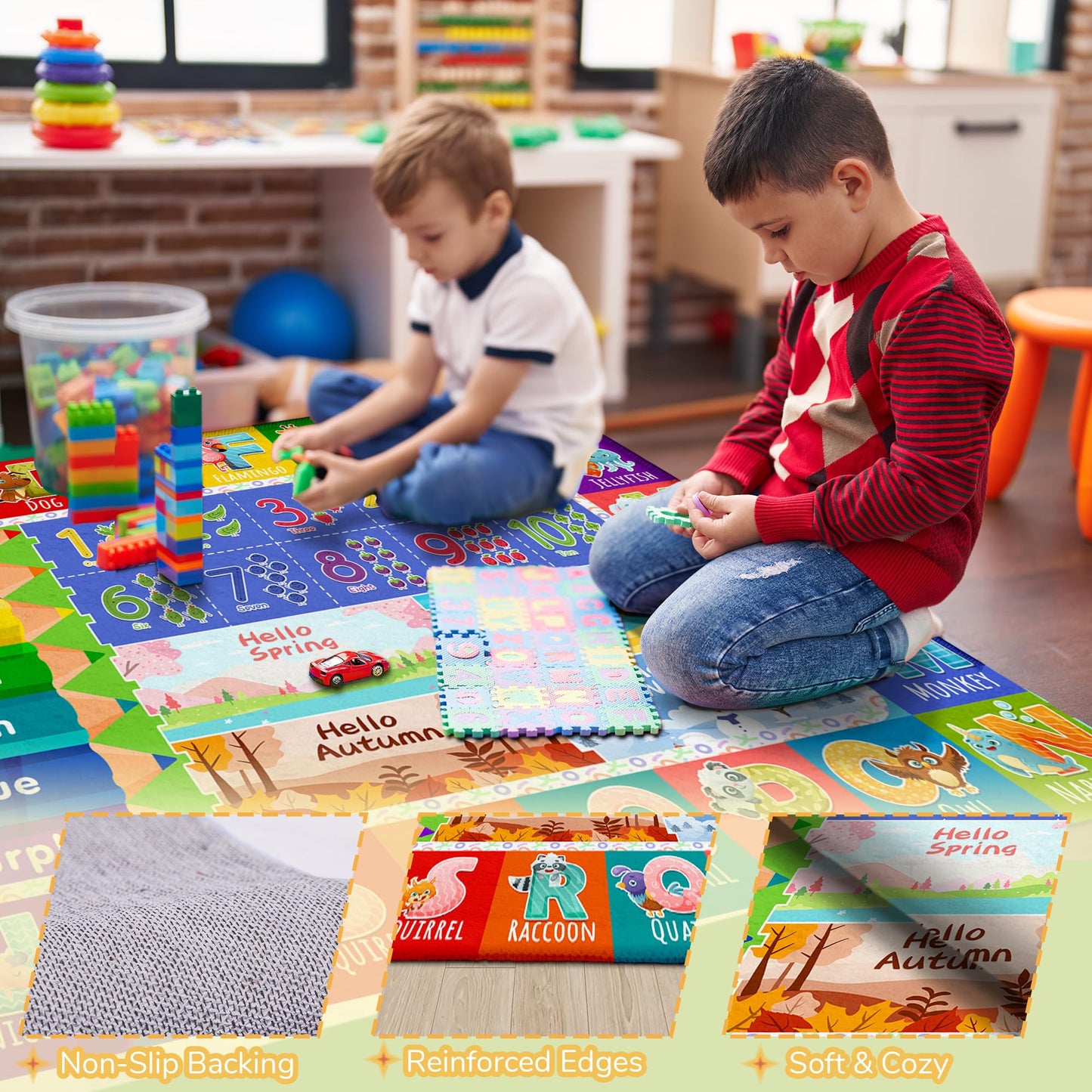 5x7 Kids Rug for Classroom & Playroom - ABC Alphabet Educational Area Rug with Animals Numbers & Colors - Non-Slip Carpet Playmat for Nursery Preschool Elementary