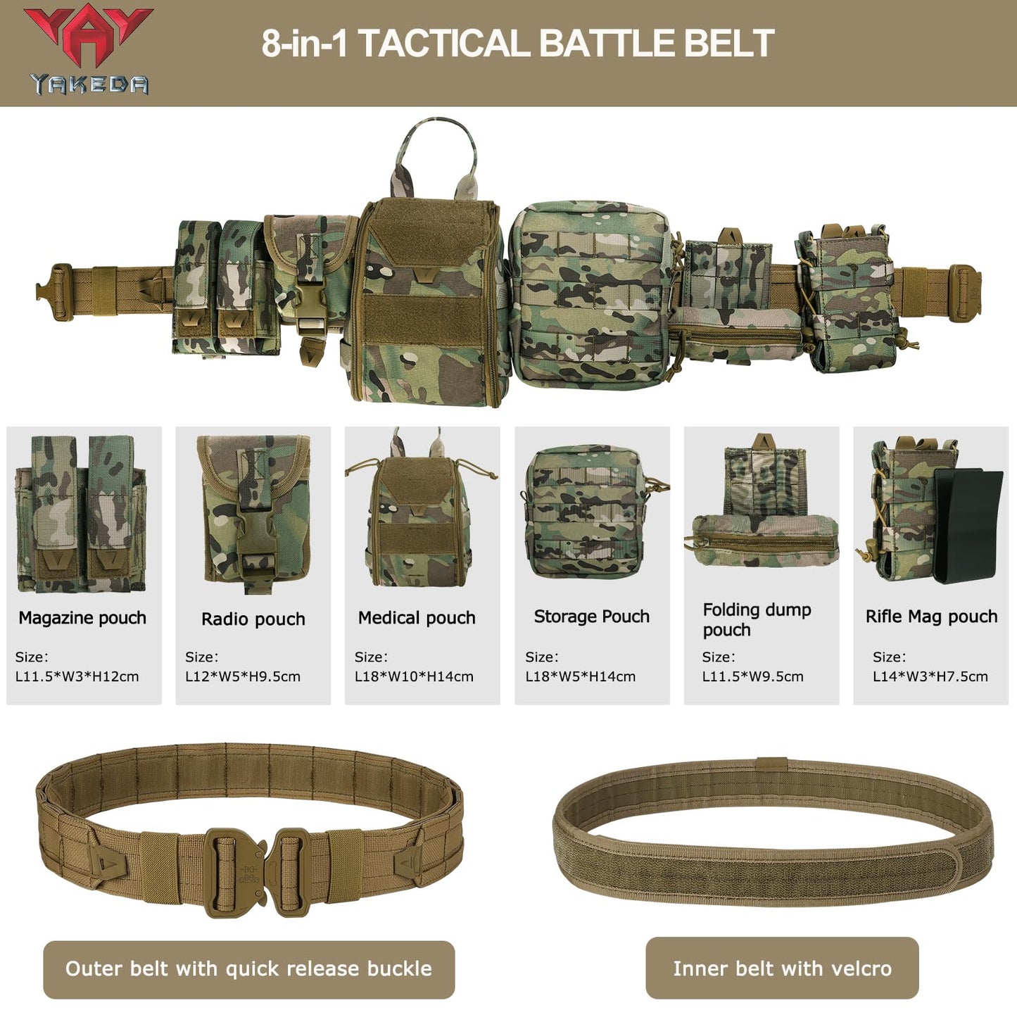 YAKEDA Tactical Molle Battle Belt -Airsoft Combat Belt Quick Release Rigger 1.75 Inch Inner & Outer Heavy Duty Belts for Men (CP)