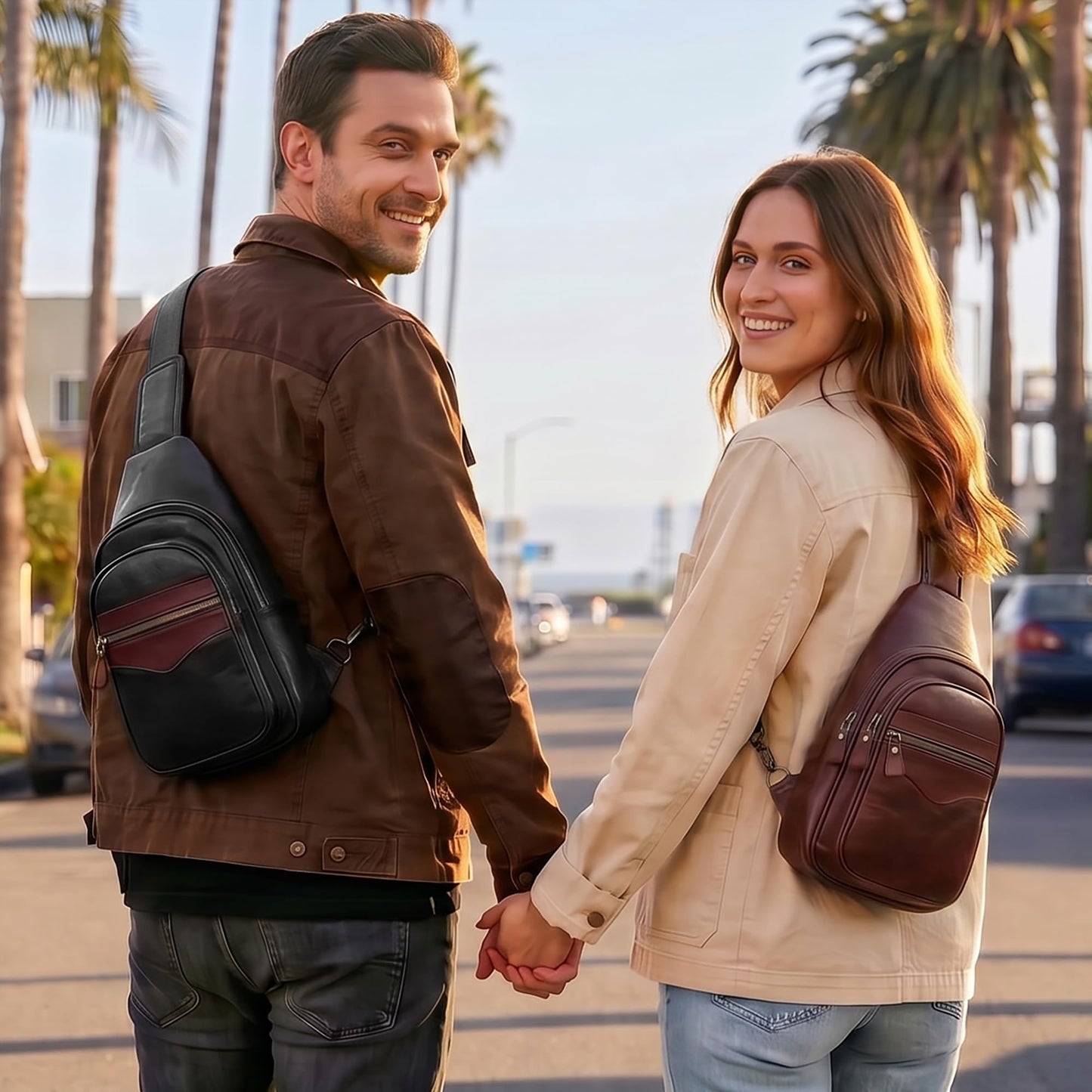CENUNCO Genuine Leather Sling Bag for Men and Women Crossbody Shoulder Bag Sling Backpack Chest Purse Carry on Casual Daypack(Dark Brown)