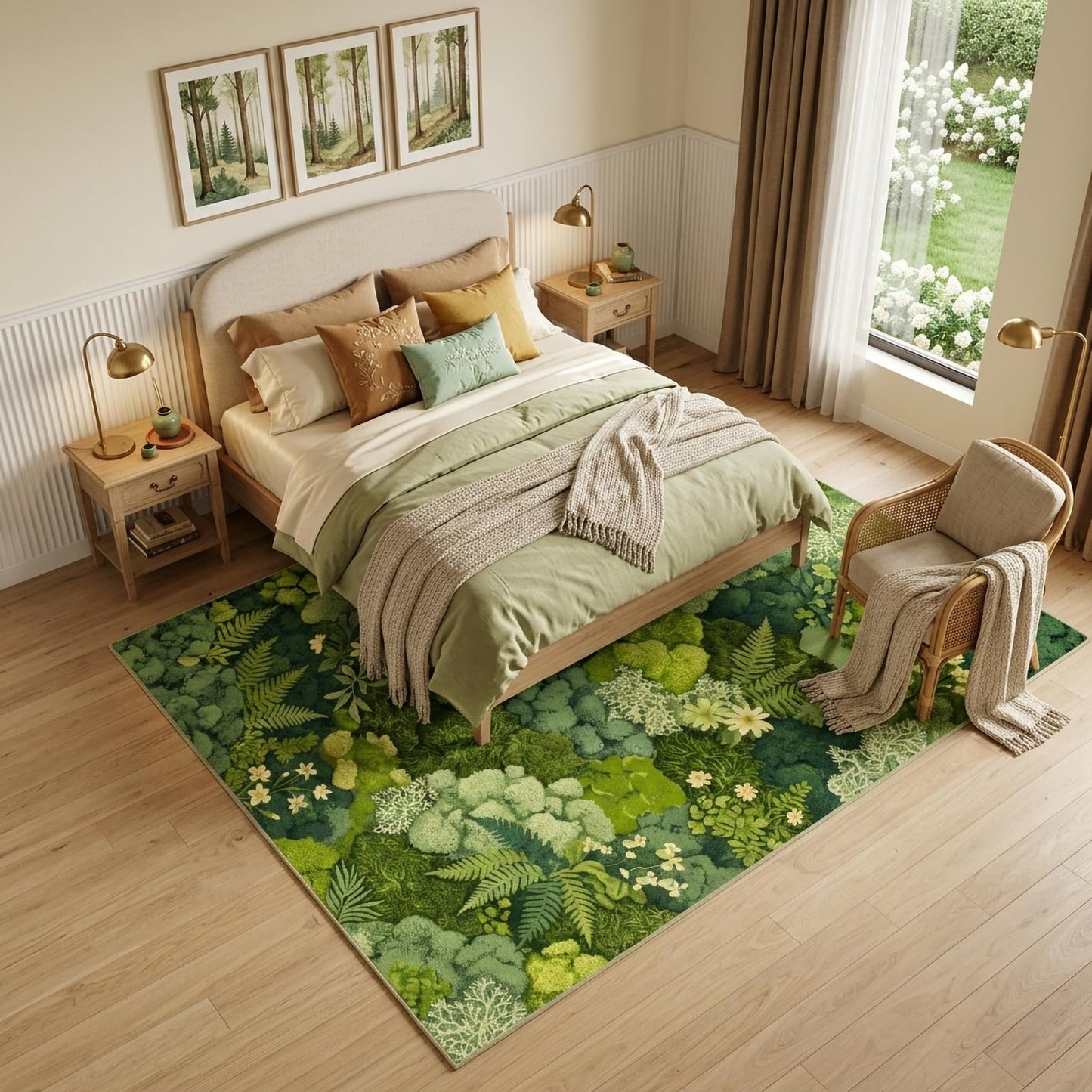 GraceSway CS 5x7 Area Rug, Green Botanical Moss & Fern Print, Faux Cashmere Low Pile, Foldable Non-Slip Rug for Living Room Bedroom, Machine Washable