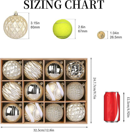 SHareconn 80mm Christmas Baubles,12PCS Colored Shatterproof Plastic Decorative Hanging Tree Decorations Baubles Set for Xmas Tree Decor Holiday Party Wedding Decoration with Lanyard,Gold & White