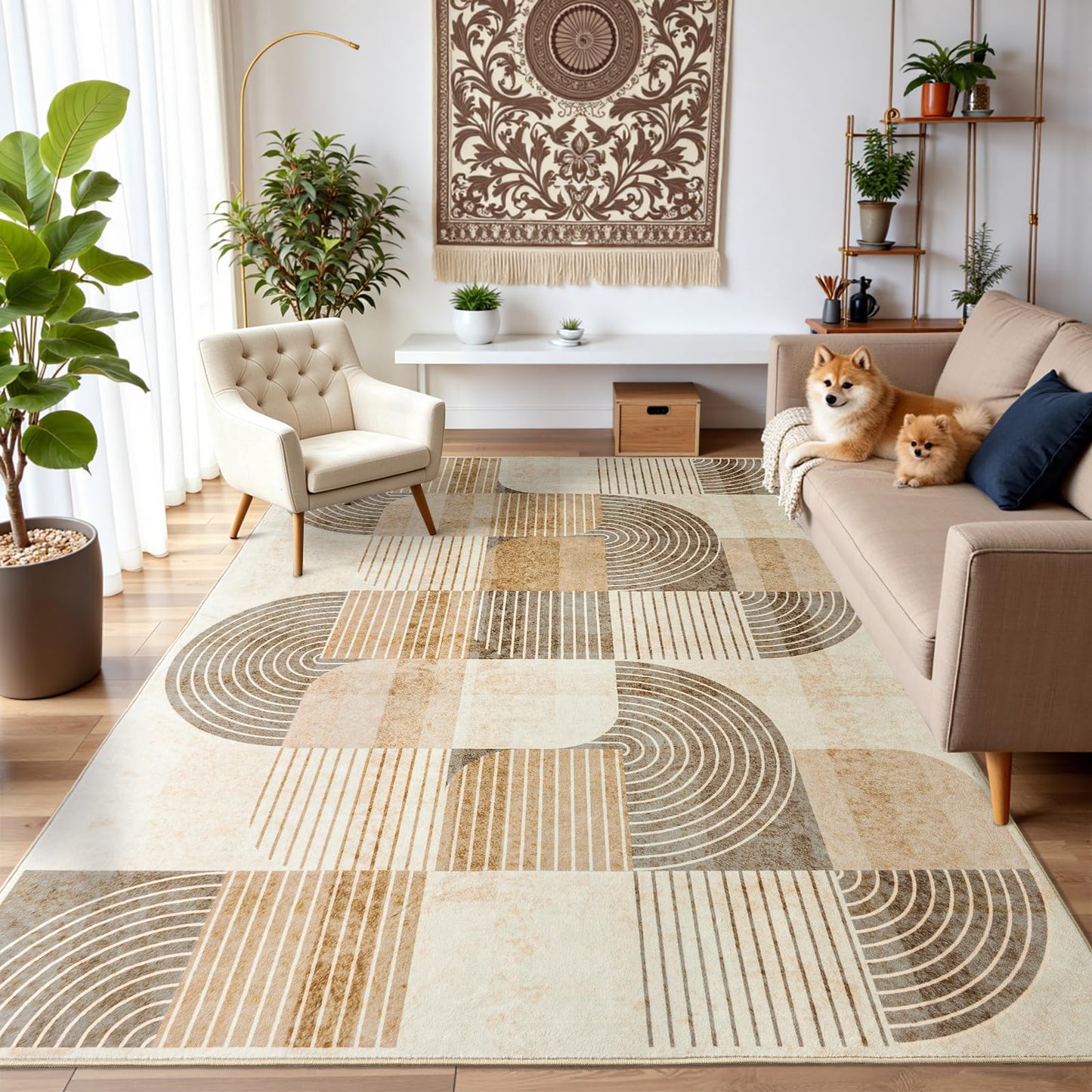 OHDS Area Rugs for Bedroom Living Room 4x6 - Soft Beige Mid Century Modern Rug, Washable Non-Slip Indoor Floor Mat Abstract Neutral Carpet for Dining Room Nursery Office Home