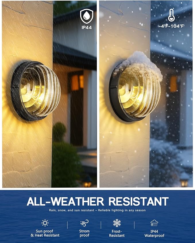 FEMILA 10" Round Bulkhead Outdoor Wall Light, Nautical Outdoor Lighting, Black Outdoor Light Fixture for Front Door/Porch/Patio, Aluminum Glass,UL Listed, 4FYX105FL BK SW