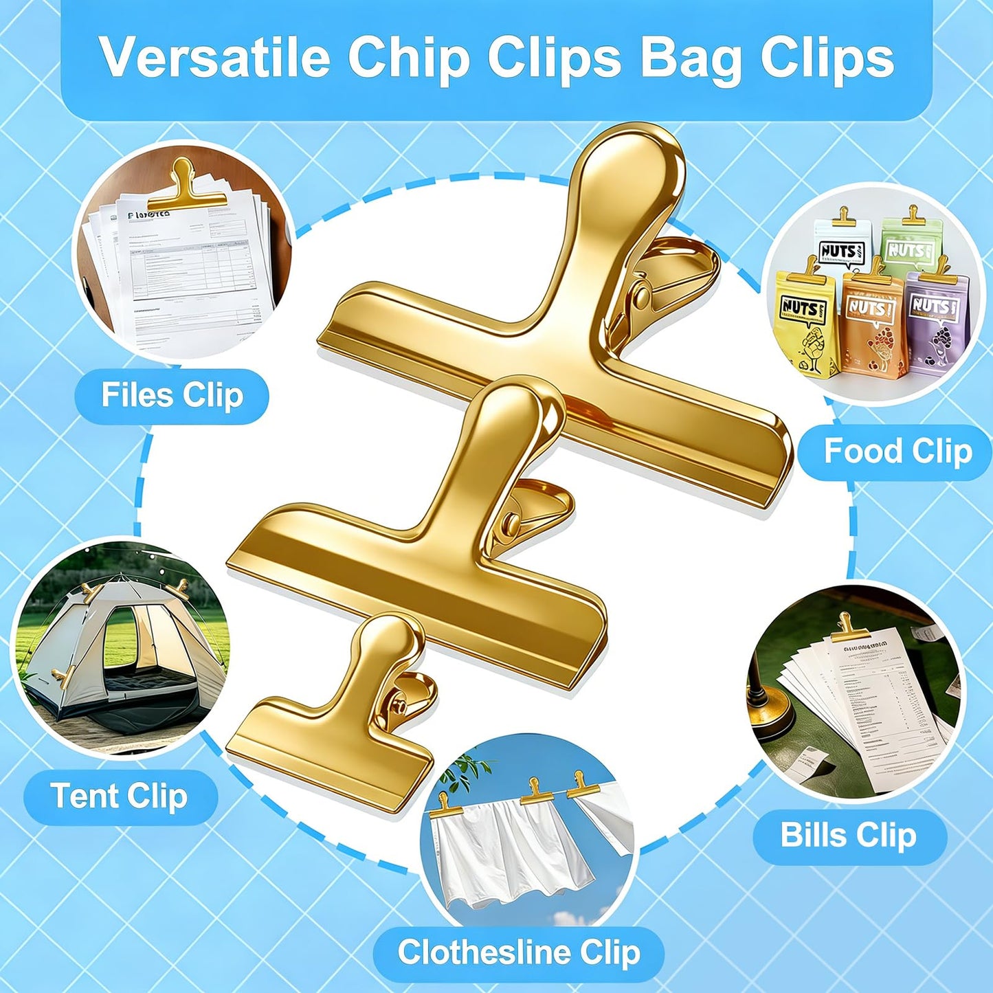 Chip Clips, 18 Pack Stainless Steel Bag Clips, 1.57'' Heavy Duty Snack Bread Coffee Clip, Air Tight Seal Food Clip Clamp Office Paper Clamps for Food Packages, Kitchen, Office, Home, Fridge Gold