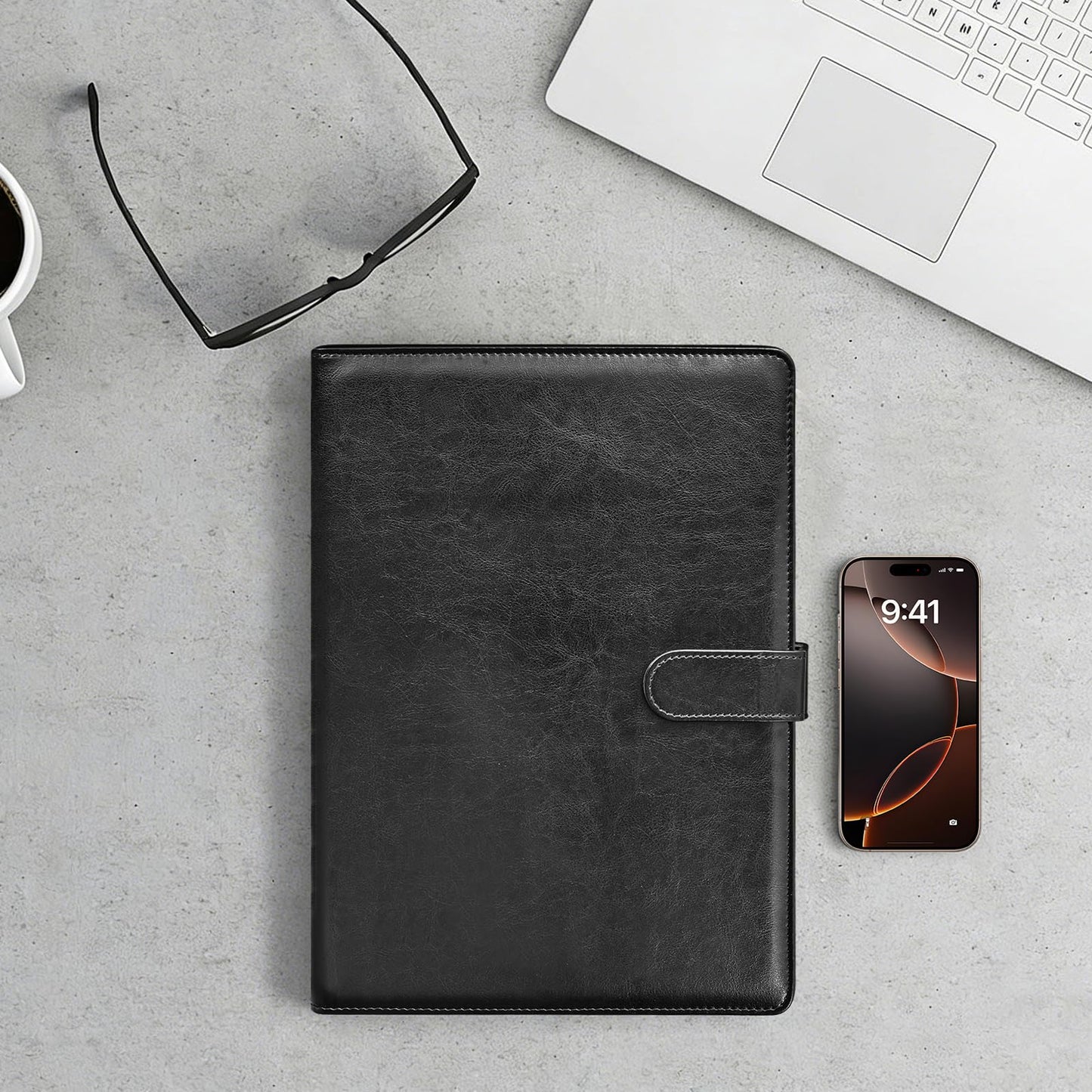 Bidponds Padfolio Portfolio Folder,Faux Leather Legal Pad Holder,Interview Resume Folder with Document Organizer & Business Card Holder,Letter-Sized Notepad Holder (Black)