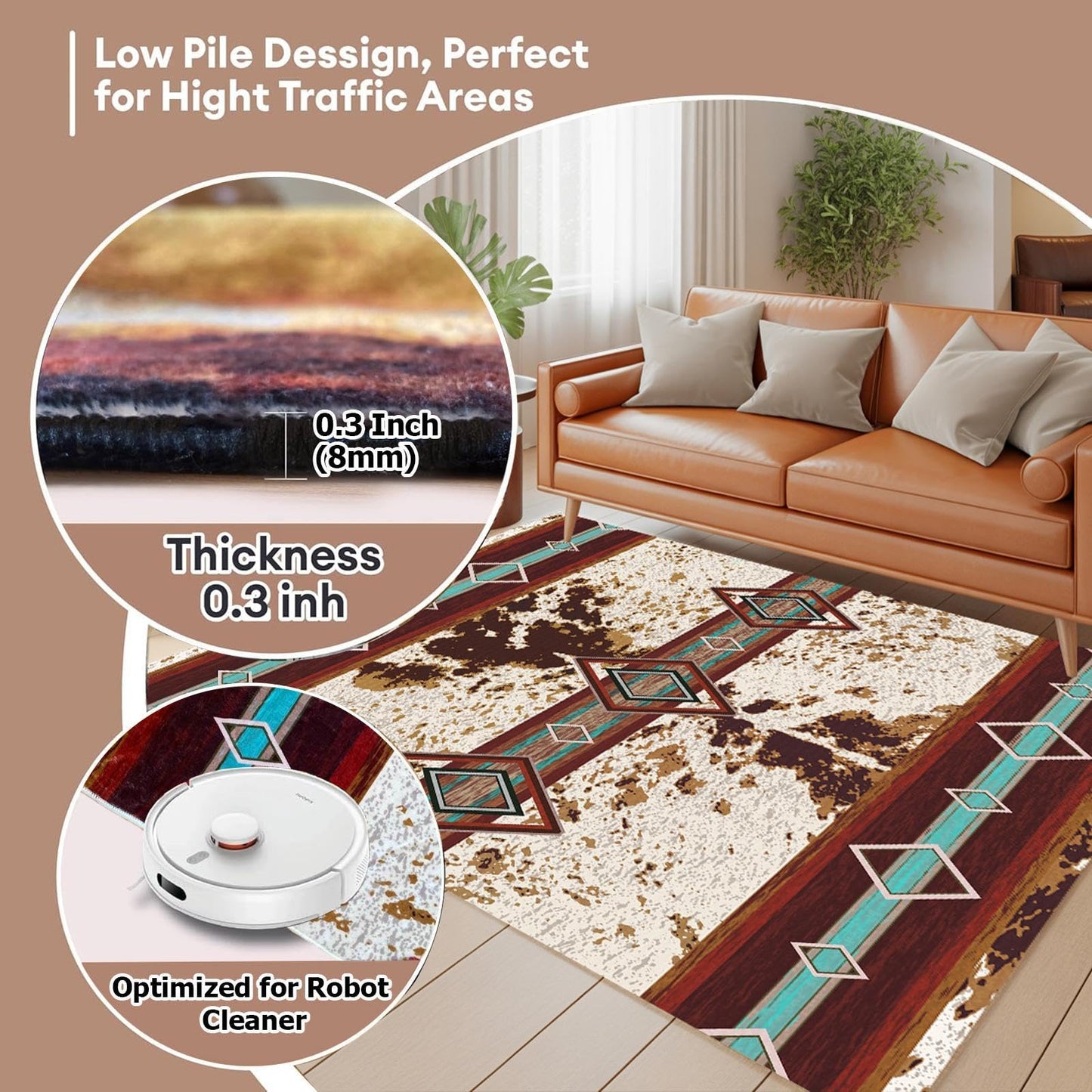 Combo Southwest Faux Cowhide Area Rug and 4 Pcs Non-Slip Rug Tape for Living Room, Bedroom, Southwestern Area Rugs, Native American Rug, Geometric Western Rugs, Aztec Tribal Rugs Home Decor 5x8 ft