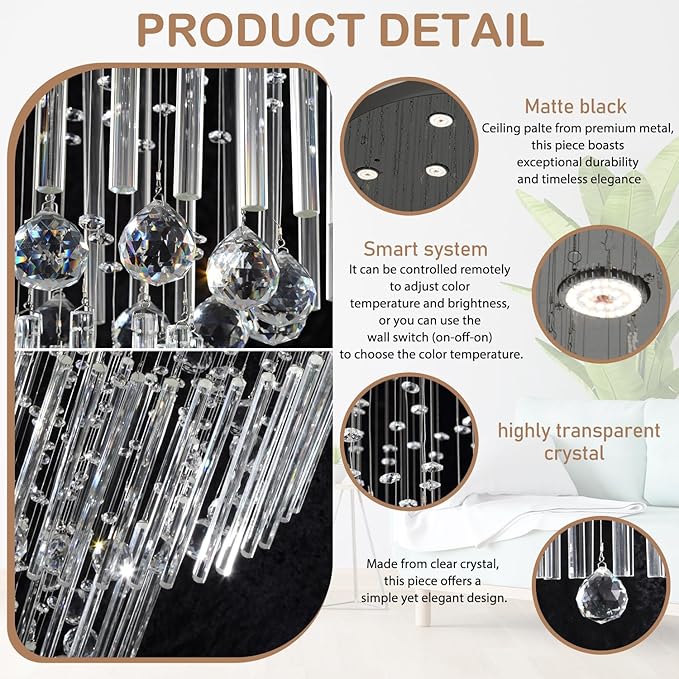 Flashing God D48''X H120'' Extra Large Chandeliers for High Ceilings Black Square Chandeliers Crystal Raindrop Chandelier for Villa Entrance Foyer LED Dimmable 2700K-6000K