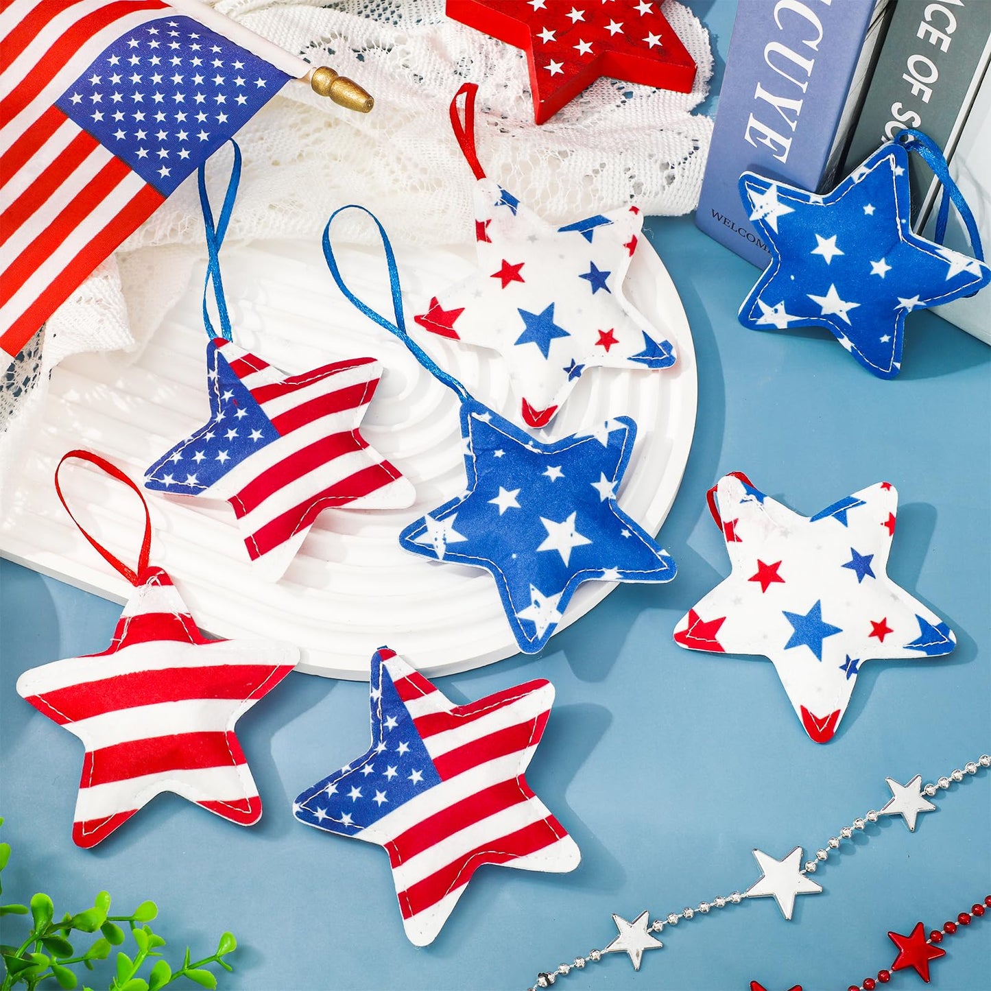 Whaline 16 Pcs Patriotic Felt Ornaments 4th of July Decoration Red Blue Star American Flag Hanging Ornaments for 250th Anniversary Independence Day Party Tree Decor DIY Crafts Supplies