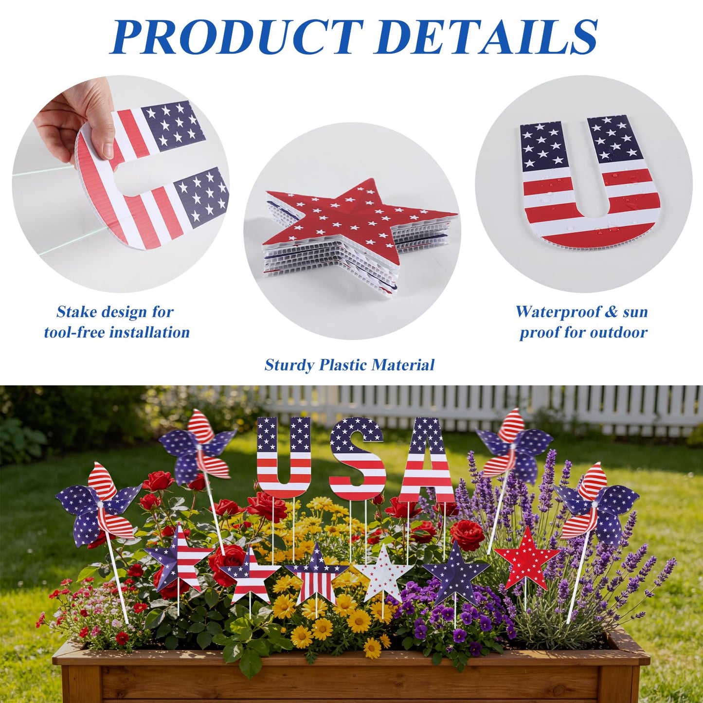 Nalanzhou 13Pcs 4th of July Outdoor Decoration Garden Stakes, 250th Patriotic Plastic USA Shape Yard Signs, Red White Blue Star Planter Stakes Pinwheels for Independence Day Memorial Day Anniversary