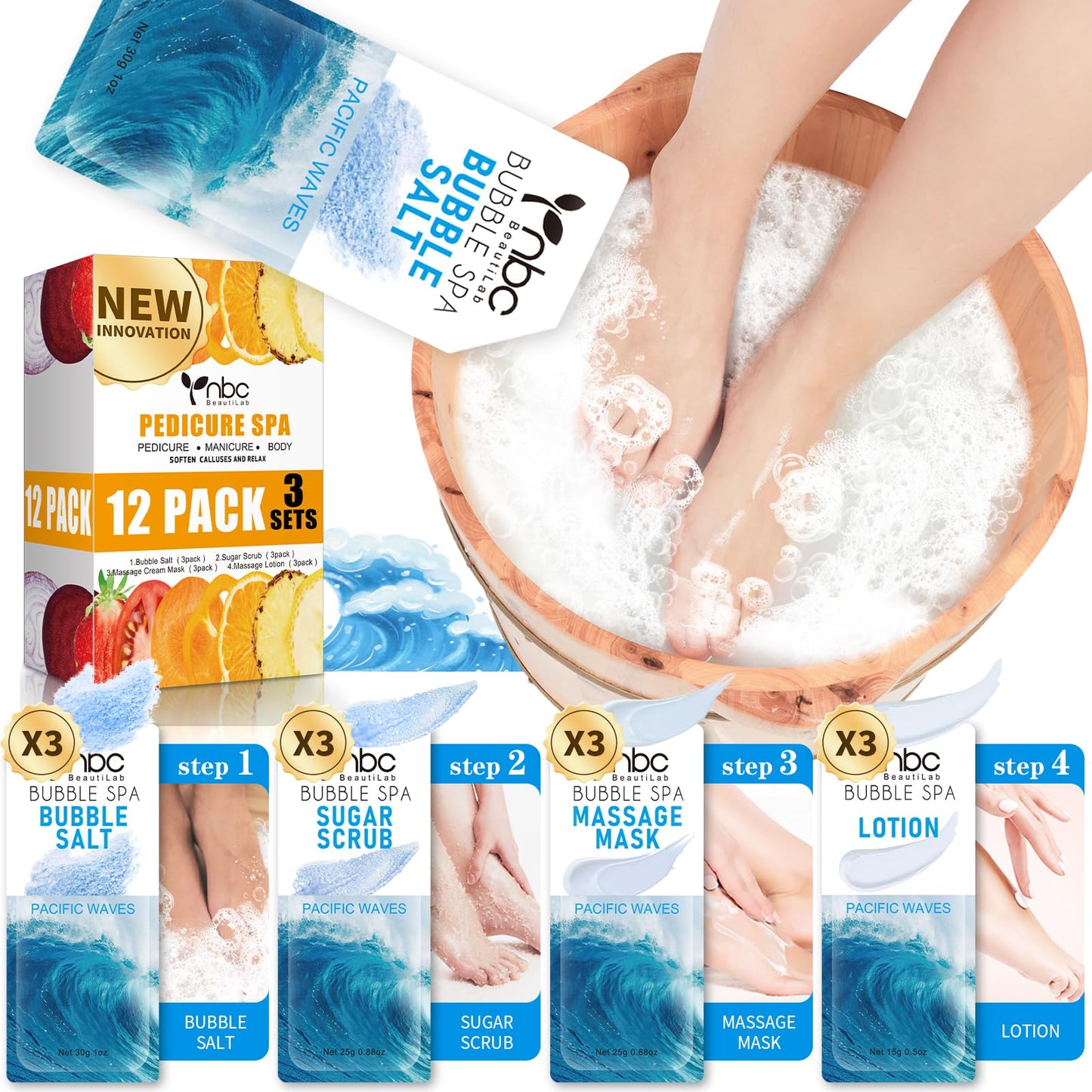 Pedicure Kit Foot Soak Set: Bubble Salt, Sugar Scrub, Massage Mask, Massage Lotion in a Box, 4 Step Foot Spa Kit for Dry Feet,Tired Feet（3 Set Tropical Fruit)