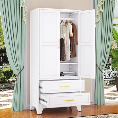GAIOUS Metal Wardrobe Cabinet with Hanging Rod, Clothing Storage Cabinets | with 2 Door, 1 Adjustable Shelf and 2 Drawers, 71" Steel Armoire Wardrobe Closet for Bedroom, Gym, Cloak Room (White)