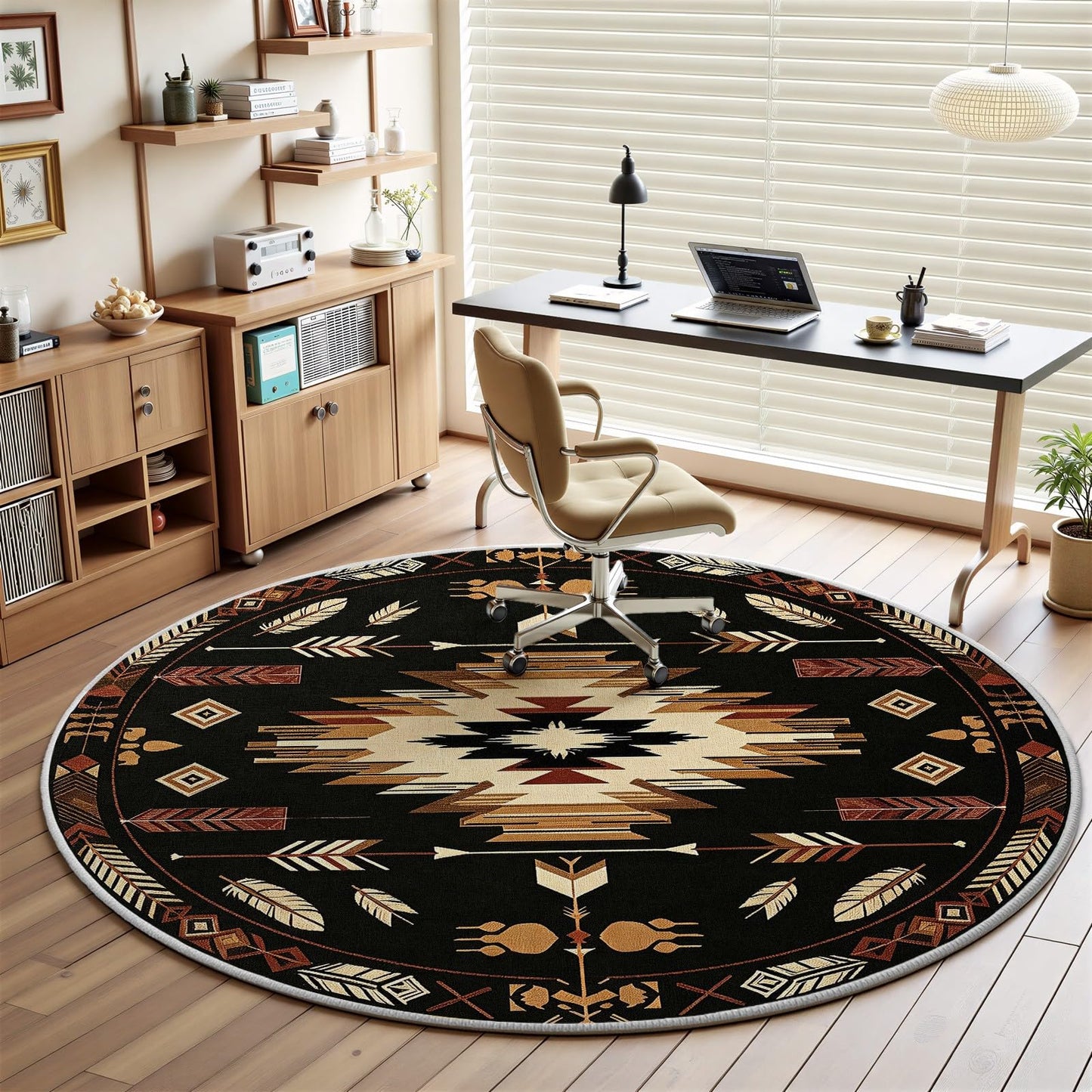 4ft Round Rug, Native American Circle Area Rug, Aztec Navajo Round Rugs for Living Room Bedroom, Indian Southwestern Tribal Circle Rugs for Dining Room Entryway Dorm, Washable Non-Slip Floor Mat