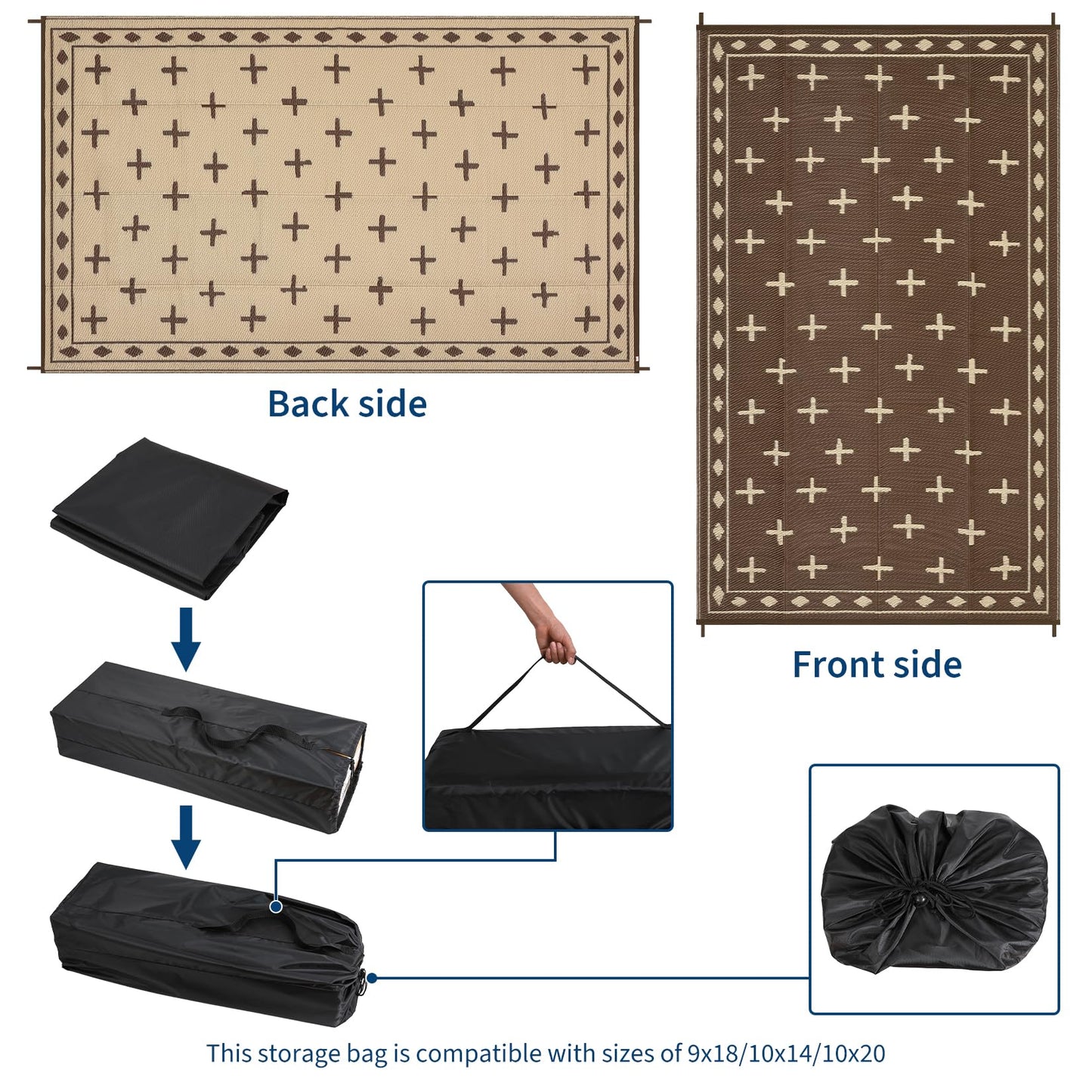 GarveeHome 9'x12' Outdoor Rug Waterproof – Reversible Plastic Mat for Patio & RV Camping, Large Geometric Rug for Deck Balcony, Portable Foldable Picnic Rug with Carry Bag, UV Resistant, Brown