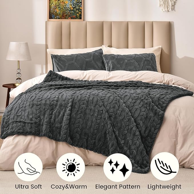 PHF Fluffy Sherpa Throw Blanket for Winter, Warm and Soft, 510GSM 3D Jacquard Thick Shaggy Fleece Plush Blanket for Couch, Dark Grey, 50"x60"