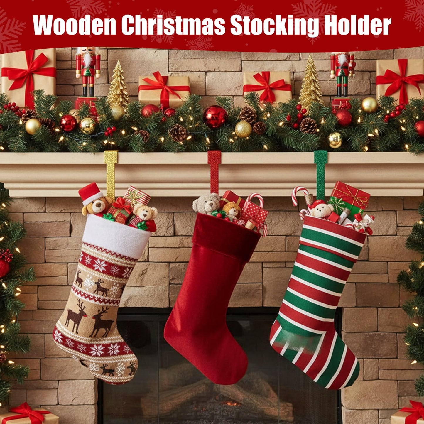 Therwen 6 Pcs Glitter Christmas Stocking Holders Shiny Fireplace Stocking Holders Set with No-Slips Strips Safety Mantel Hanger Hooks Xmas Mantle Grips for Tabletop Shelf Party Decor (Gold,Red,Green)