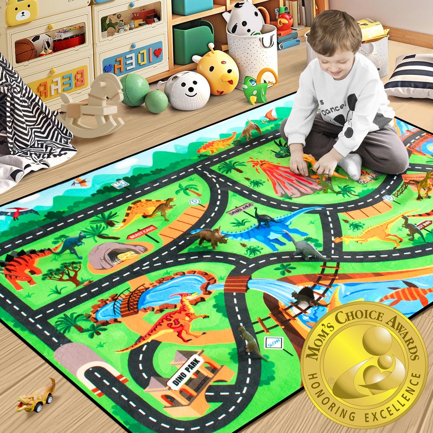 Diysani Kids Rug, Car Carpet for Kids' Toy Cars, 5x7 Ft Dinosaur Rug, Dino Safari Road Mat for Playroom, Educational Learning & Game Area Playmat Carpet for Children