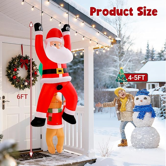 6FT Hanging Christmas Inflatables Outdoor, Climbing Santa with Dog Blow Up Roof Decor, Funny Built-in LED Lights Xmas Inflatable for Window Eaves Garden Yard Holiday Decorations