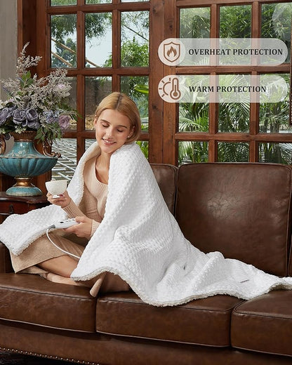 CAROMIO Heated Blanket Throw, Waffle Weave Electric Throw Blanket Fast Heating with LCD Controller, 6 Heat Levels & 4 Hour Auto Shut Off, ETL Certified, Machine Washable, Off White, 50" x 60"