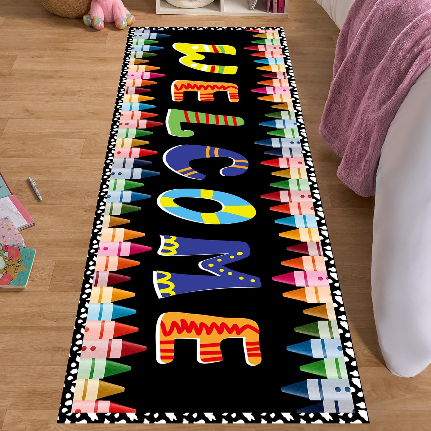 Colorful Kids Rugs for Bedroom, 2x6ft, Cartoon Vibrant ABC Welcome Crayons Back to School Runner Rug, Non Slip Lightweight Cute Rainbow Carpet for Preschools Elementary Schools