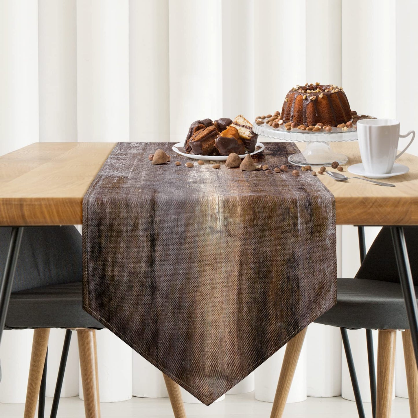 Brown Grey Table Runner,Abstract Modern Art Burlap Table Runners for Table Dresser Runner Farmhouse Style for Dinner Party Holidays Home Decoration (Brown and Grey, 13"x 71")
