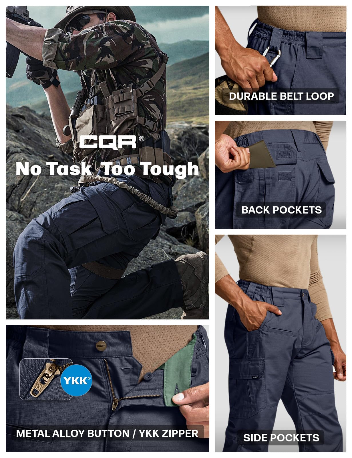 CQR Men's Tactical Pants, Water Resistant Ripstop Cargo Pants, Lightweight EDC Work Hiking Pants, Outdoor Apparel, Raider Police Navy, 34W x 30L
