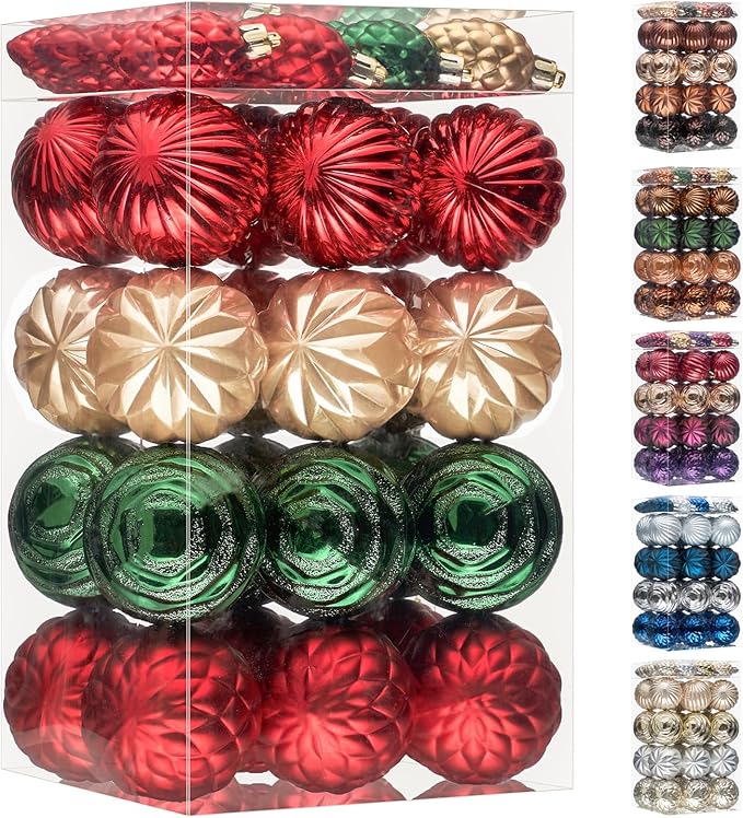JORNOY Christmas Tree Ornaments - 2.36inch/60mm Shatterproof Ornaments for Christmas Tree Set Plastic Decorative Hanging Balls Ornaments for Xmas Tree Decorations, 40ct (Red & Green & Gold)