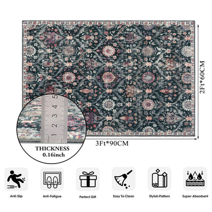 Lahome Moroccan Trellis Washable Rug, 2x3 Entryway Rugs for Kitchen Bathroom, Non-Slip Indoor Door Mat Ultra-Thin, Small Oriental Throw Carpet for Bedroom Entry Elise, Black/Multi