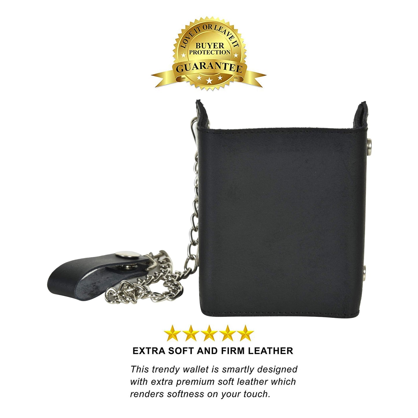 Leatherboss Genuine Leather Men Trifold Biker Chain Wallet Credit Card Holder for Motorcycle Bikers Truckers, Black