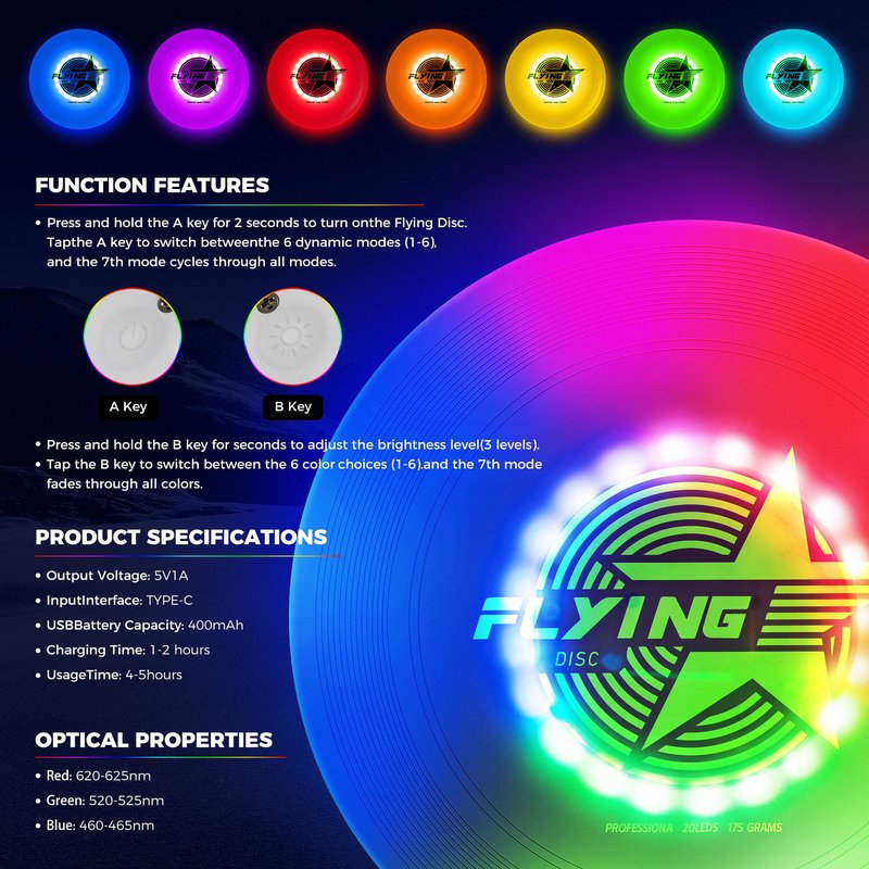 Fortikpo Glow in the Dark LED Flying Disc - 7 Dynamic Modes, 7 Colors, IP65 Waterproof, Perfect Birthday & Camping Gift for Men/Boys/Teens/Kids - Outdoor Games & Cool Toys, 175g