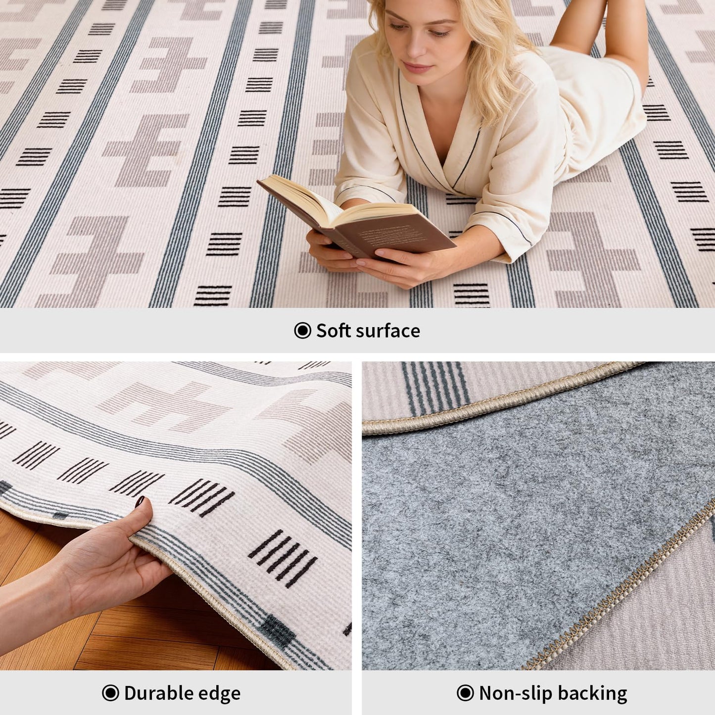 YIHOUSE Geometric Boho Area Rug - Moroccan Washable Non Slip Rug, Modern Minimalist Low Pile Rug for Living Room Bedroom Dining Kitchen, Cream Beige 6x9
