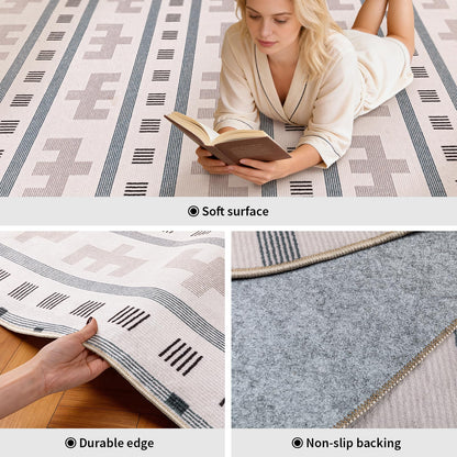YIHOUSE Geometric Boho Area Rug - Moroccan Washable Non Slip Rug, Modern Minimalist Low Pile Rug for Living Room Bedroom Dining Kitchen, Cream Beige 6x9