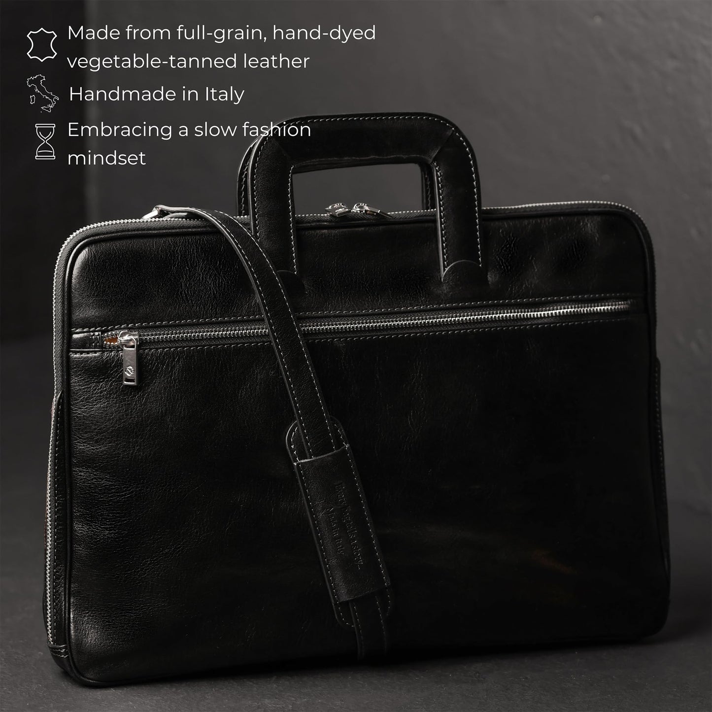 Time Resistance Slim Leather Briefcase - Italian Handmade Leather Laptop Bag for Men and Women (Black)