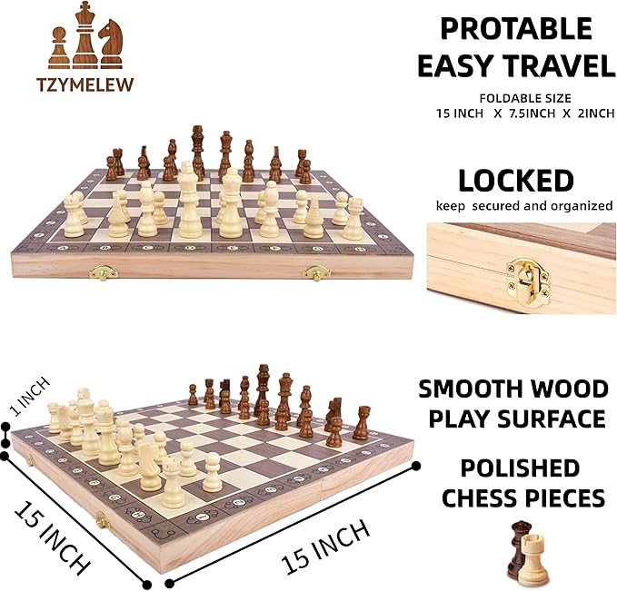 15 Inch Wooden Magnetic Chess Set with Folding Board &amp Storage – Includes Checkers Fun Strategy Game for Kids and Adults Great for Family Game Night