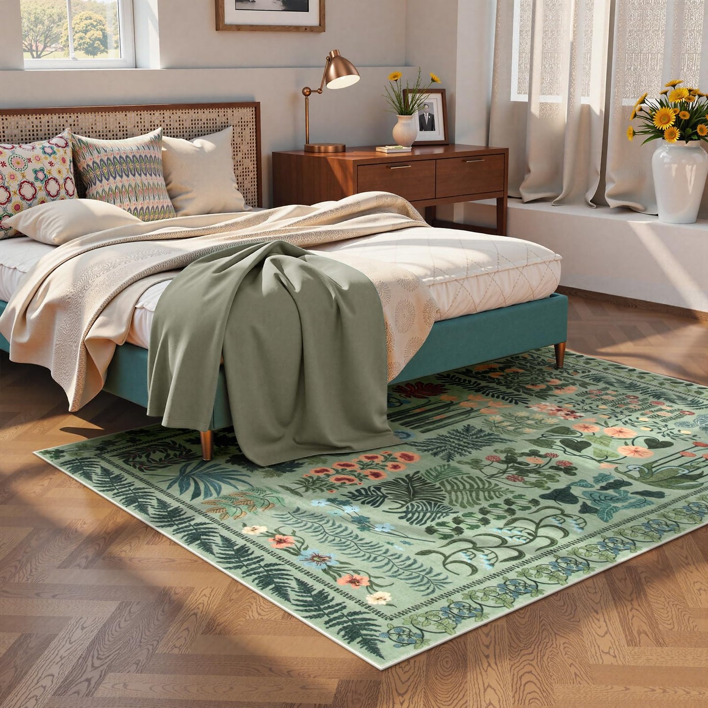 Zealude Floral Boho Washable 5x7 Area Rug for Living Room, Green Botanical Rug for Bedroom Dining Room Low Pile Non Slip, No Shed Large Carpet for Home Office Decor