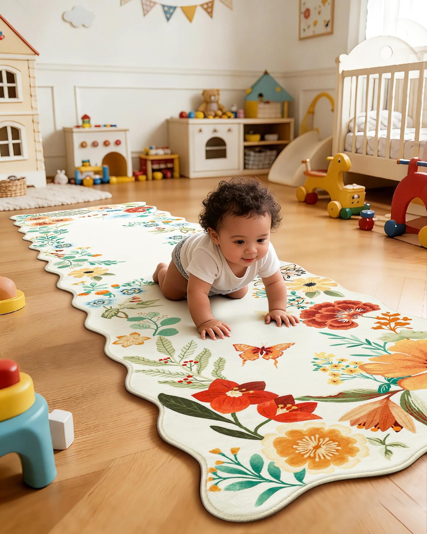 Carvapet 2x8 Runner Rug - Scalloped Edges Floral Botanical Carpet, Creamy Beige Washable Unique Wave Edge Runner, Low Pile Non-Slip Floor Mat for Hallway Kitchen Laundry Room