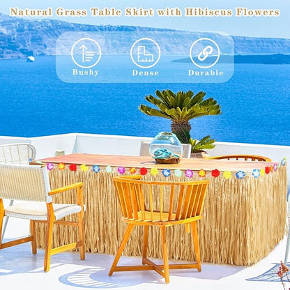 Aodaer Thickened Grass Table Skirt Natural with Hibiscus Flowers 400g Hawaiian Luau Tropical Party Decor Fringe Party Decoration for Costume Tiki Tropical Hawaii Moana Birthday, Straw Yellow
