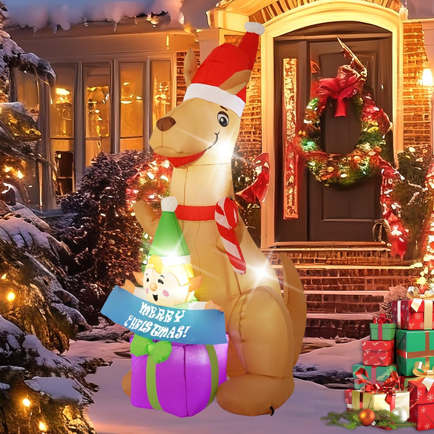 InfleasJoiy 6FT Kangaroo Afu Inflatable Decoration with Built-in LED Lights, Christmas Outdoor Inflatable Decoration for Lawns, Yards, Gardens, and Patios