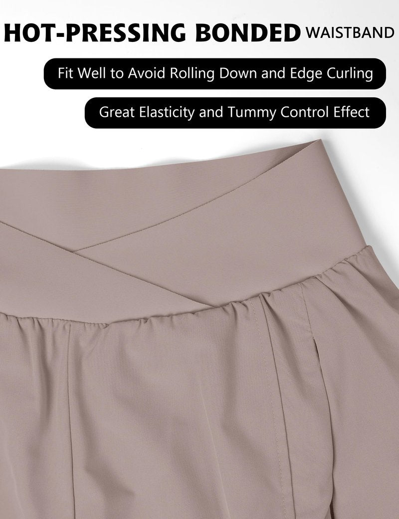 Blooming Jelly Women's Workout Shorts Athletic Running Crossover High Waisted Gym Sport Yoga Shorts with Zipper Pockets (Khaki,Small)