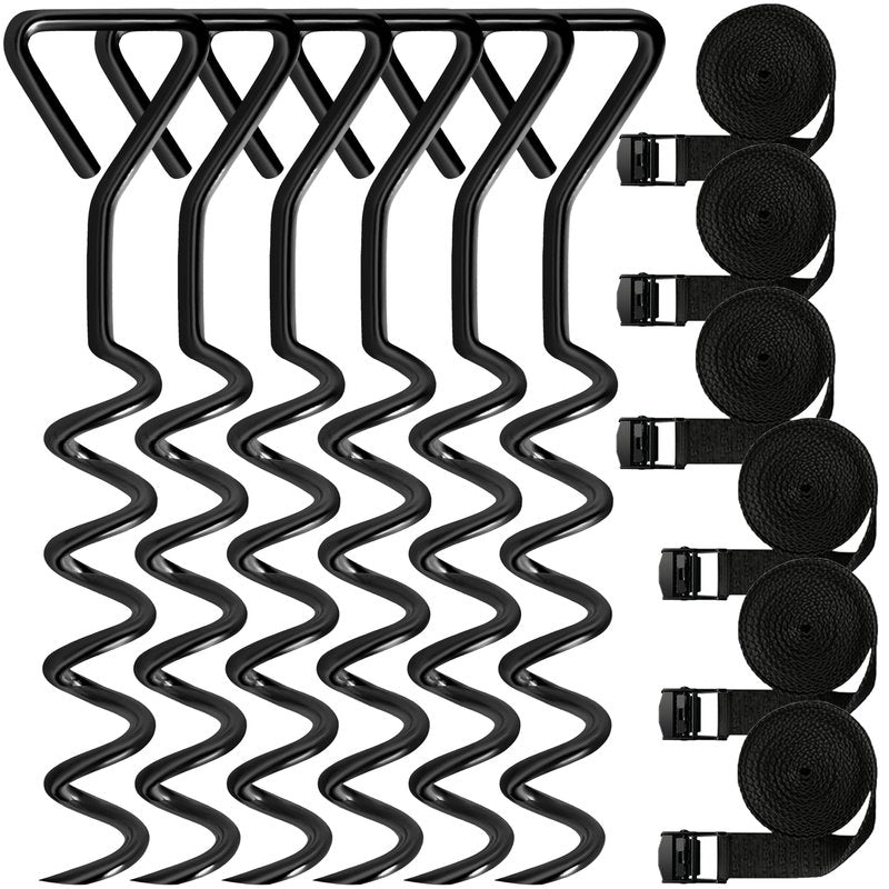 Trampoline Anchors & Stakes Kit with 6 Strong Belts, Heavy Duty Anchor Corkscrew Steel Ground Stakes for Trampolines, Garden & Outdoor Use,Black